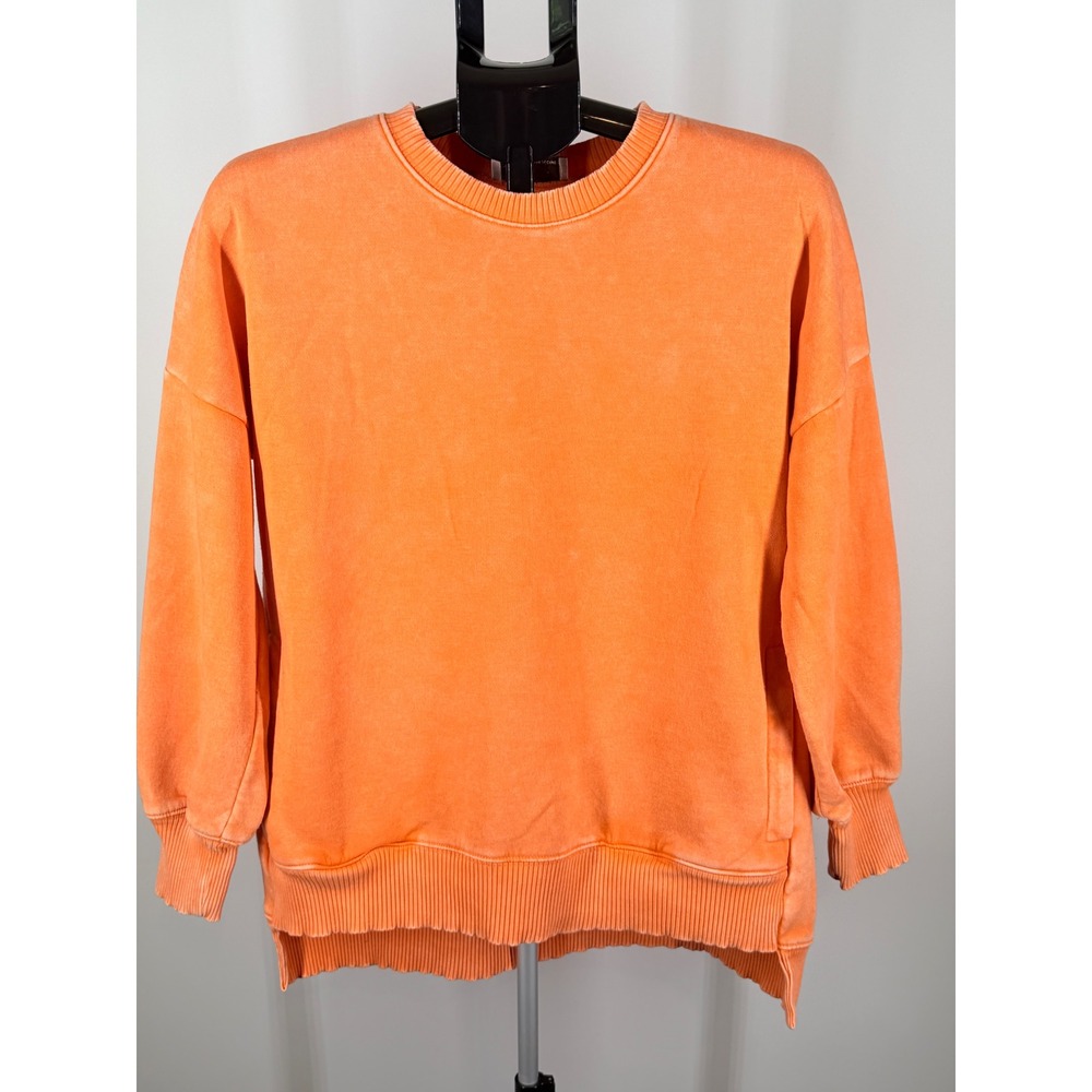 Zenana Orange Mineral‎ Wash Sweatshirt Women Pockets Crew Neck High Low Hem S
